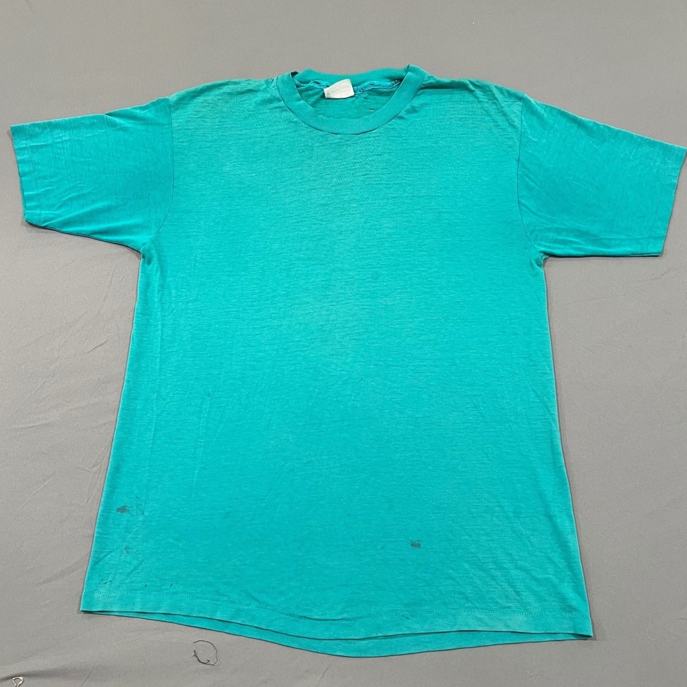 Vintage 80s Hanes paper thin Blank Teal T-Shirt Single Stitch XL Made in USA